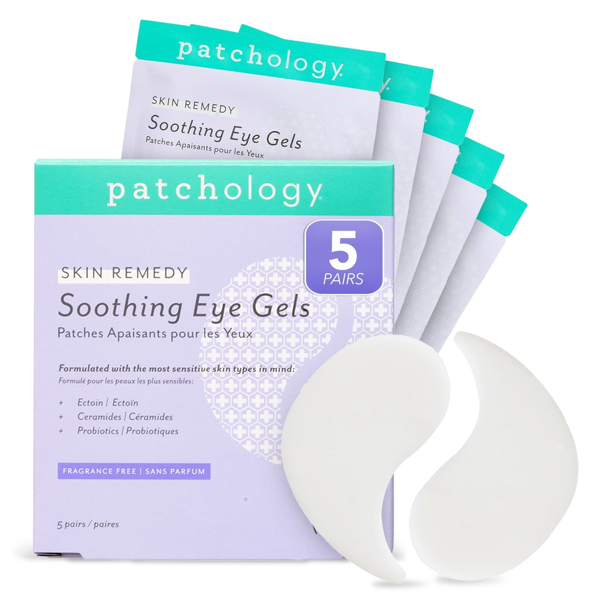 Patchology front packaging showing five-pack and benefits