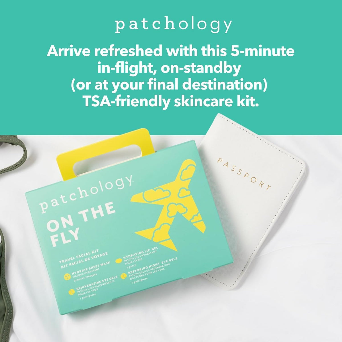 Patchology kit inside a travel bag for quick on-the-go hydration