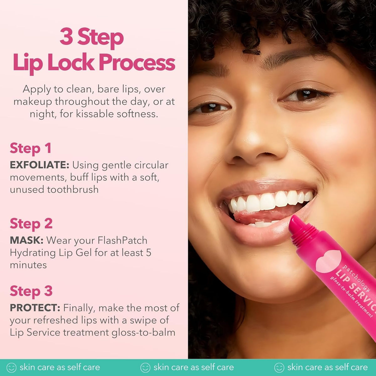 Patchology applied on model smiling demonstrating smooth shiny lips benefit