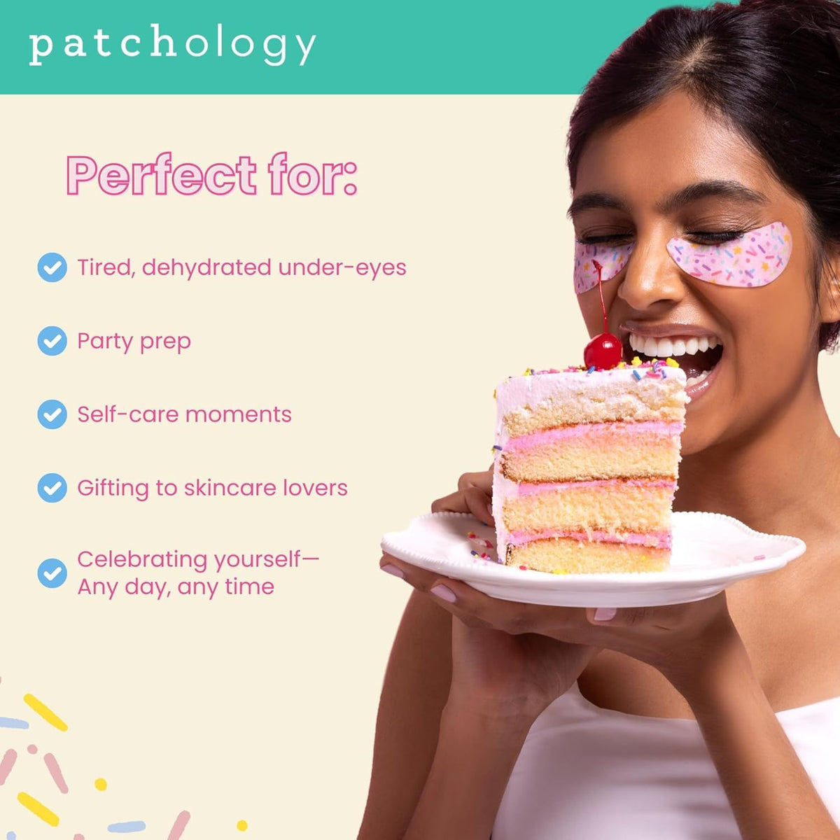 Patchology under-eye patches applied on model demonstrating de-puffing effect