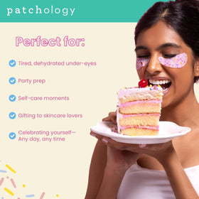 Patchology under-eye patches applied on model demonstrating de-puffing effect