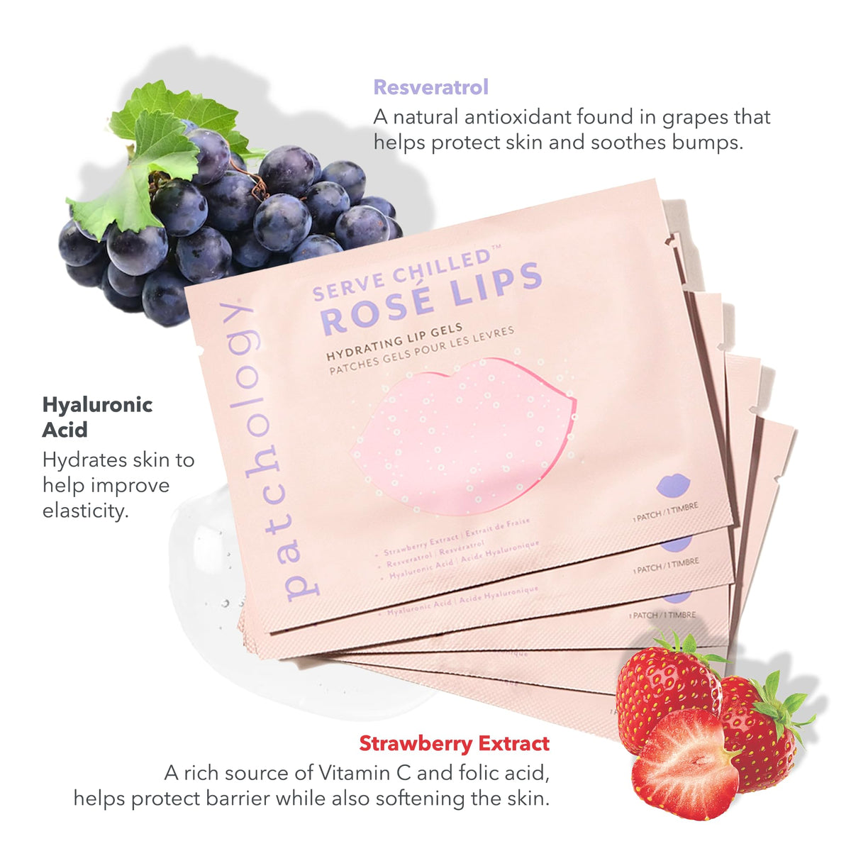 Patchology close-up gel texture showing smooth hydrogel and moisture delivery for softer lips