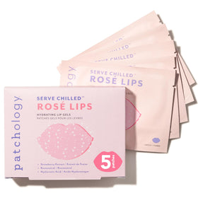 Patchology front packaging showing five strawberry-scented gel lip masks, convenient travel benefit