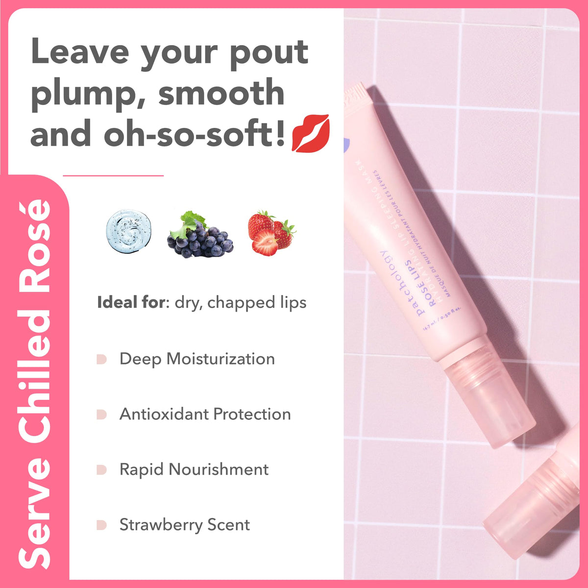 Patchology Rosé lip mask applied on hand showing smooth moisturizing finish