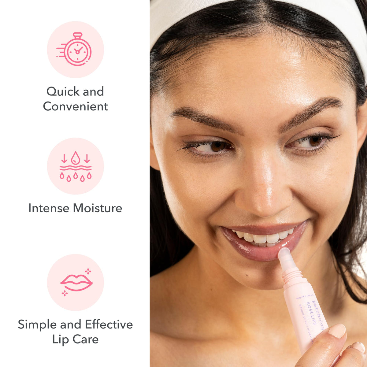 Patchology Rosé lip mask next to bedside lamp showing overnight routine benefit
