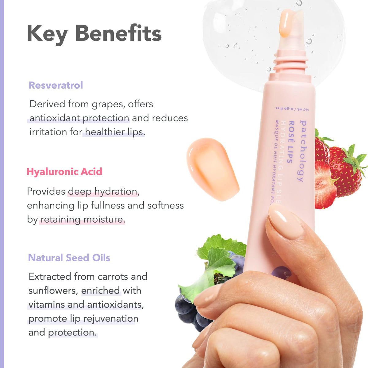 Patchology Rosé lip mask with grapes highlighting resveratrol antioxidant