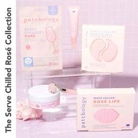 Patchology Rosé lip mask beside standard lip balm for size comparison portability