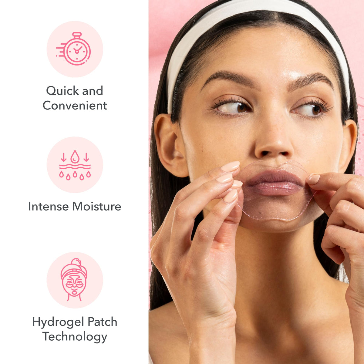 Patchology masks next to travel pouch highlighting portable, mess-free lip care on the go