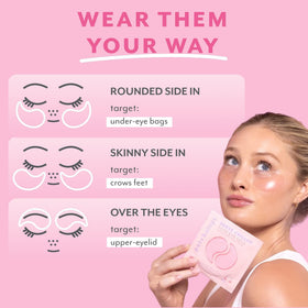 Patchology patches applied under eye on model, visibly smoothing and cooling effect