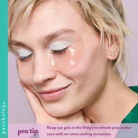 Patchology eye gels staged on bathroom vanity for a relaxing self-care moment