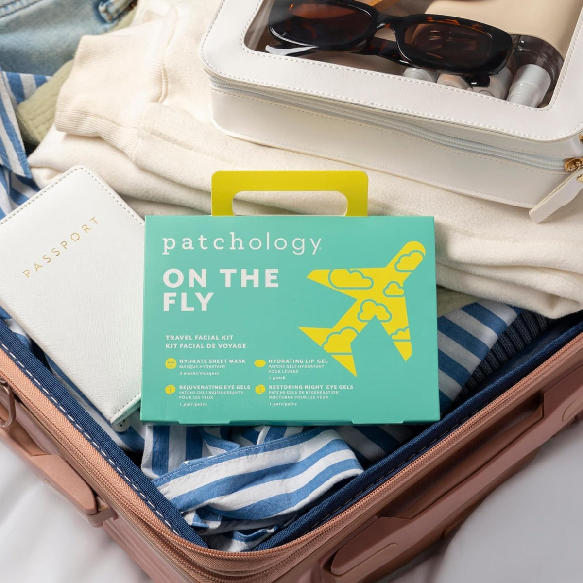 Patchology kit beside a passport showing compact travel-friendly size