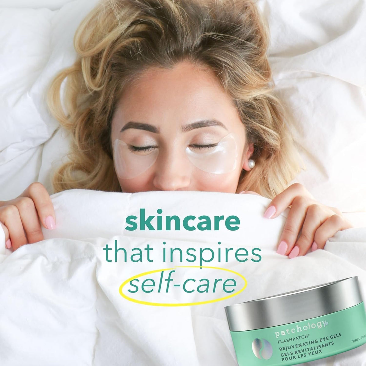 Patchology patches on vanity setting conveying relaxing five-minute self-care benefit
