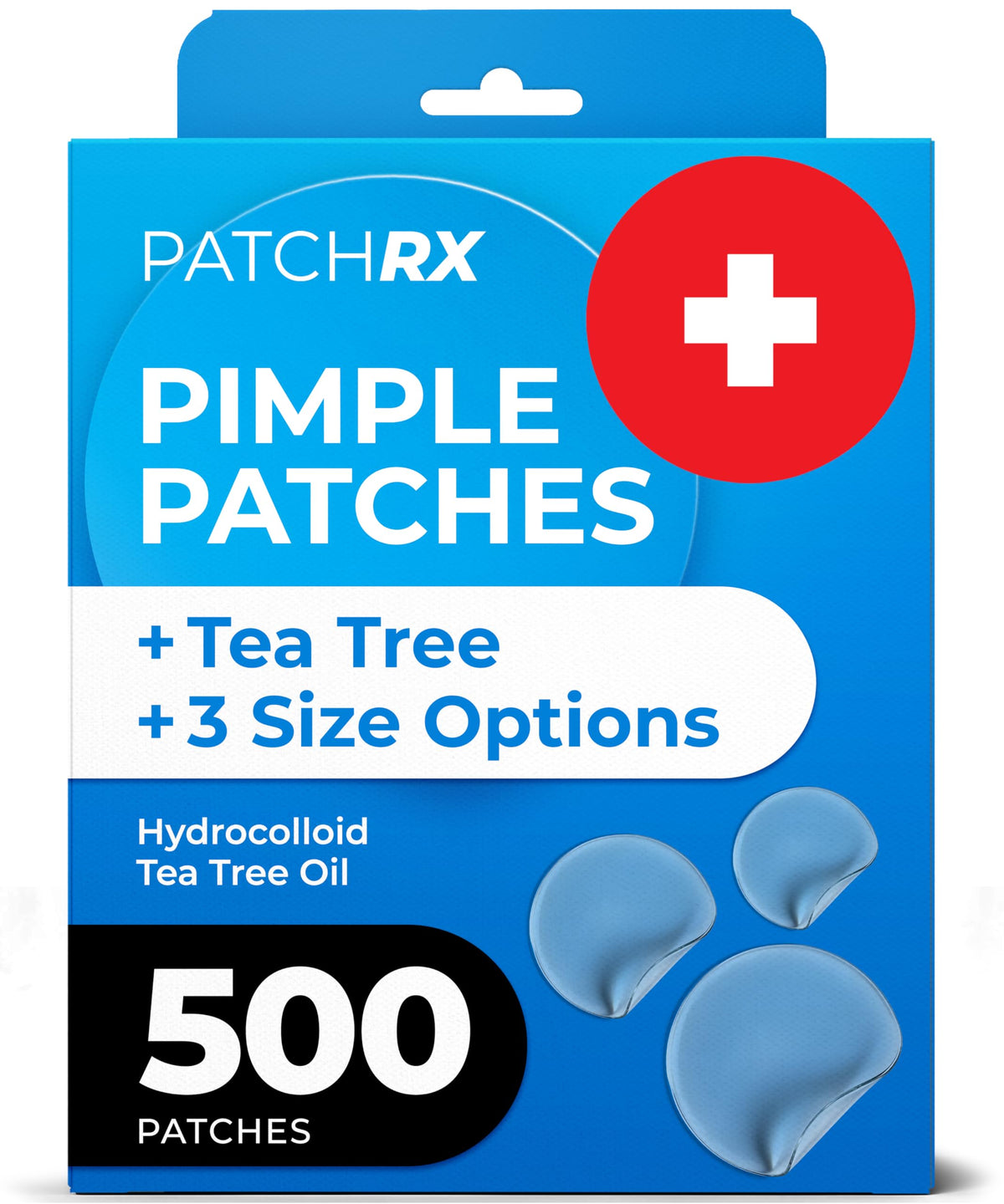 PatchRx front packaging showing 500 hydrocolloid acne patches and brand clarity