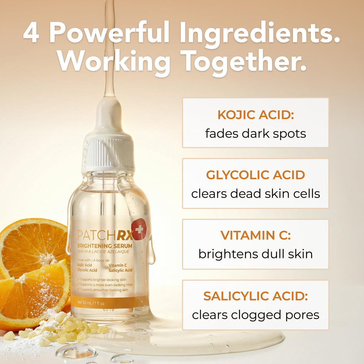 PatchRx ingredient label close-up showing kojic acid, turmeric, niacinamide benefits