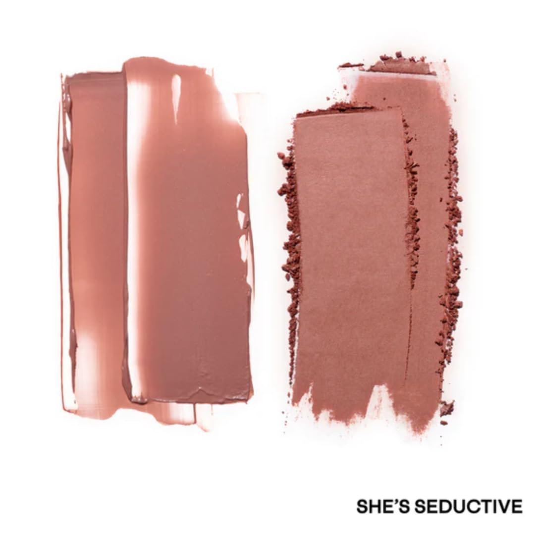 Patrick Ta compact in-use on model applying layered powder and cream for long-lasting glowing cheeks