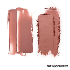 Patrick Ta compact in-use on model applying layered powder and cream for long-lasting glowing cheeks