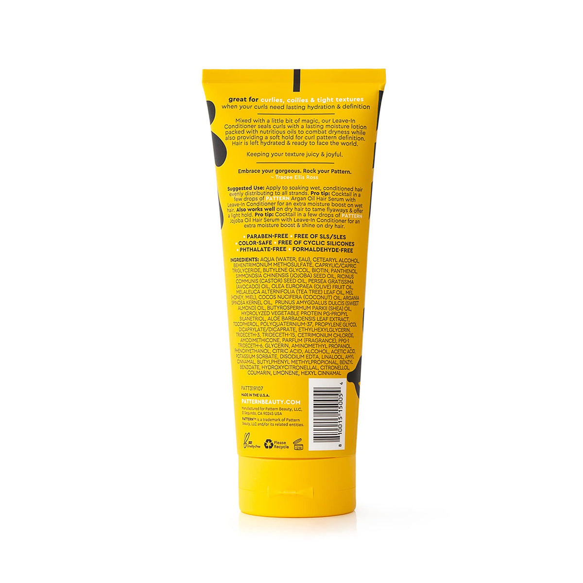 PATTERN ingredient label close-up highlighting biotin, aloe and honey benefits