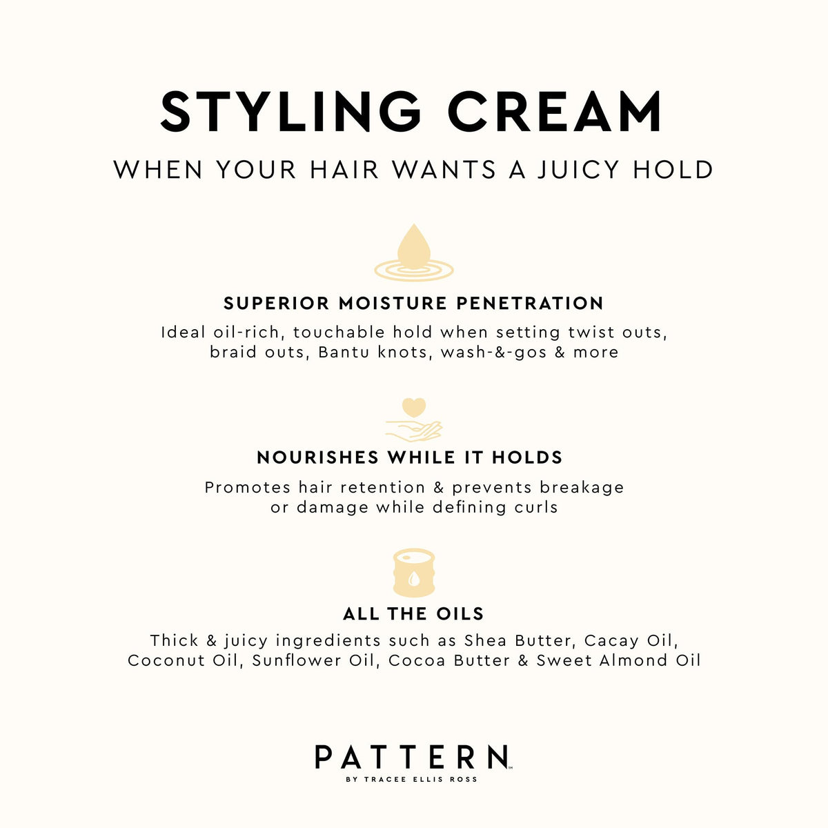 PATTERN styling cream dollop on hand highlighting moisturizing, touchable hold benefit