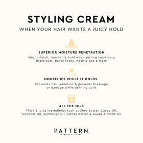 PATTERN styling cream dollop on hand highlighting moisturizing, touchable hold benefit