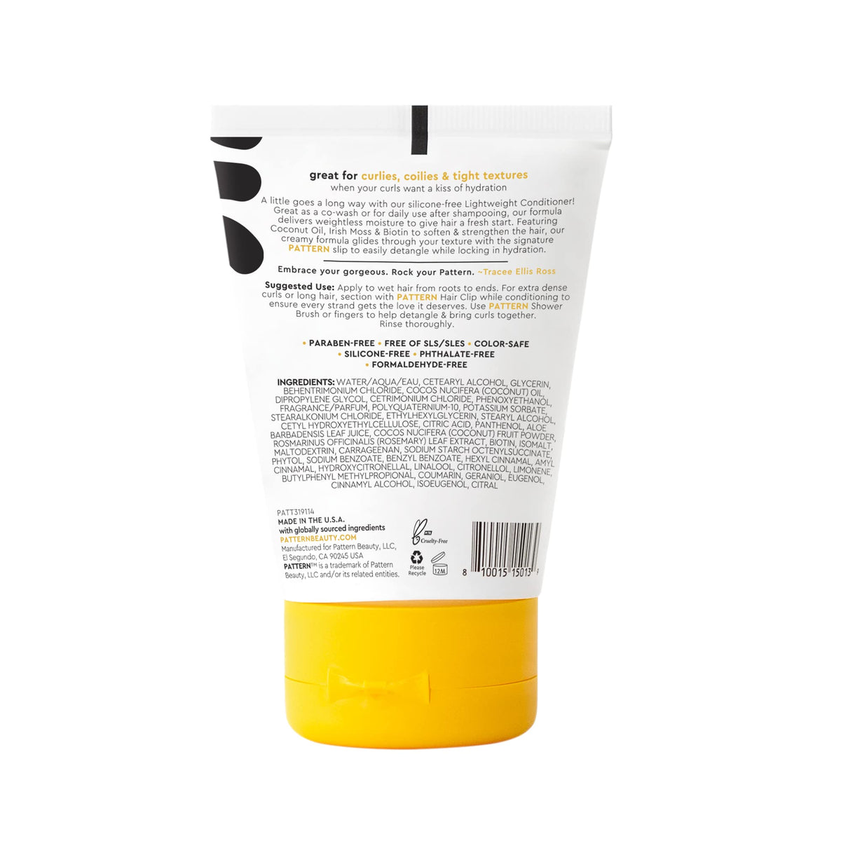 PATTERN close-up of ingredient label highlighting moisturizing and strengthening benefits
