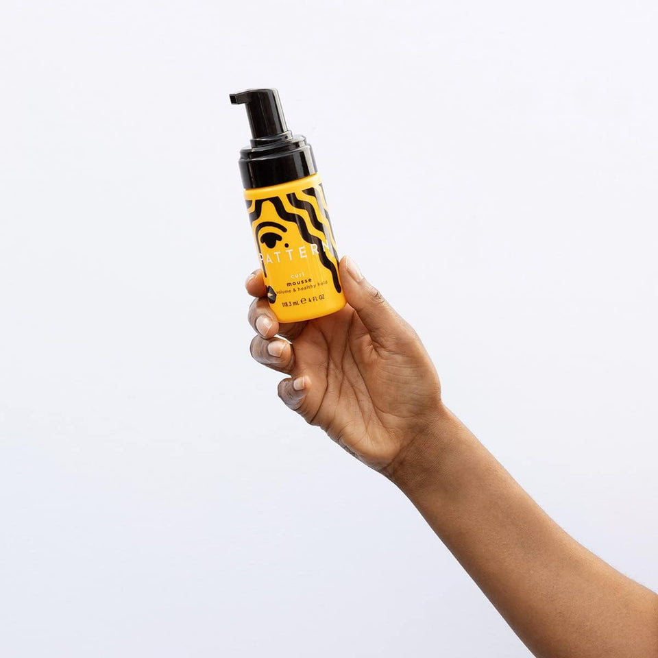 PATTERN front packaging showing travel-size mousse and branding benefits