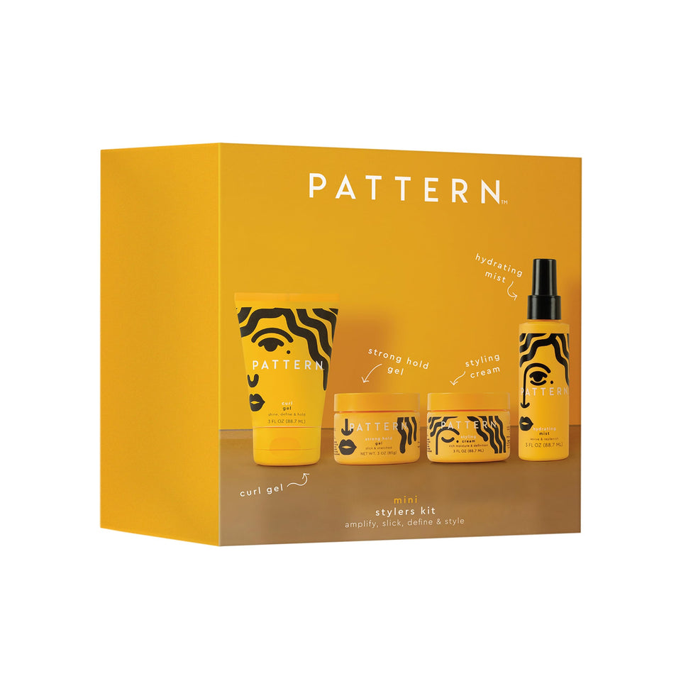 PATTERN mini stylers kit front packaging showing all four travel-friendly products and quick benefits
