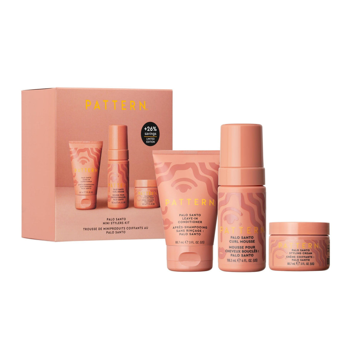 PATTERN mini kit front packaging showing trio set and Palo Santo scent benefit