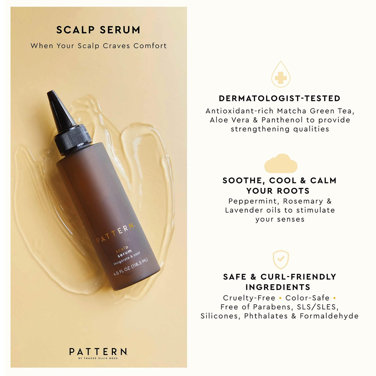 PATTERN scalp serum rosemary and peppermint close-up highlighting botanical ingredients and calming properties