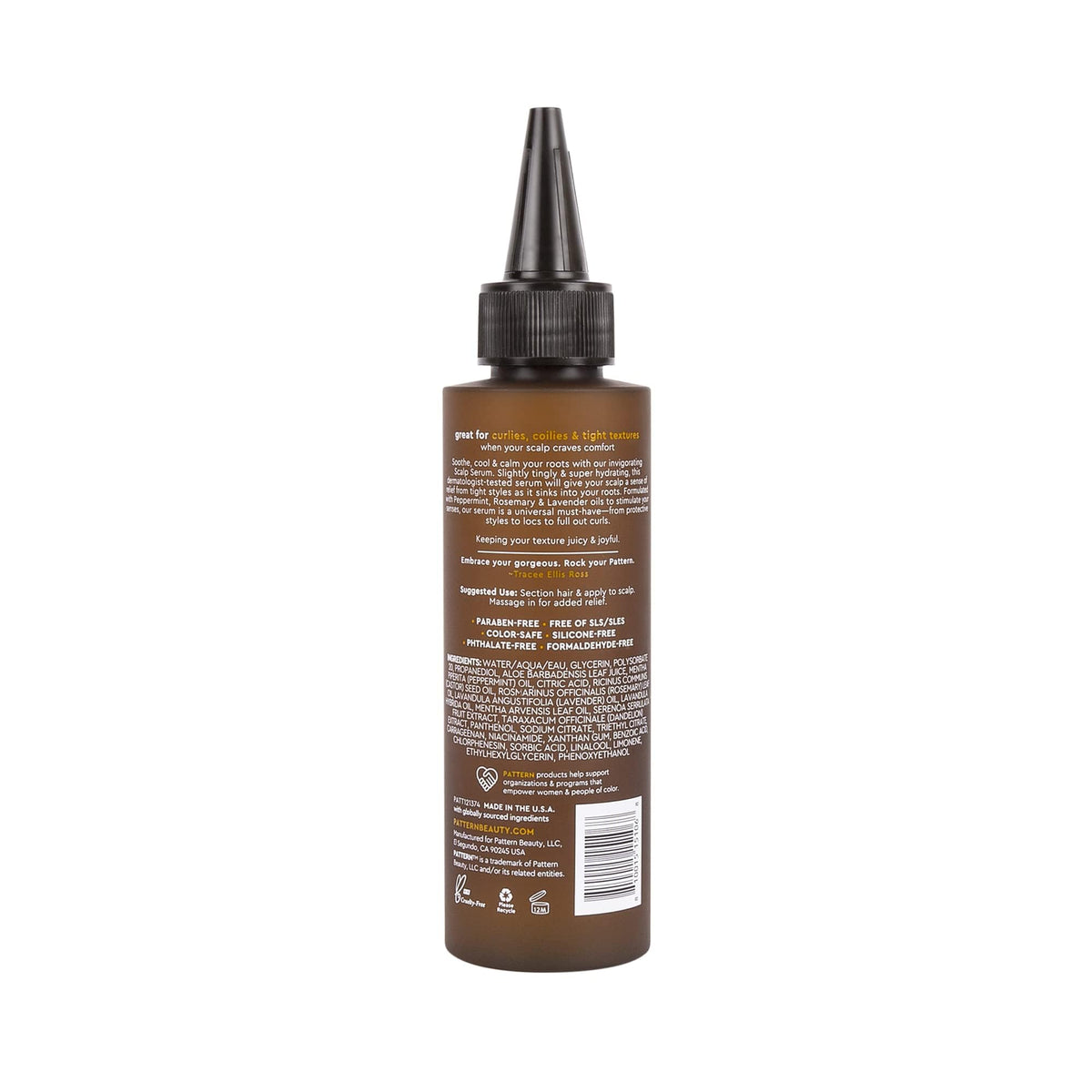 PATTERN scalp serum beside a ruler for scale showing 4 fl oz size and portable storage benefit