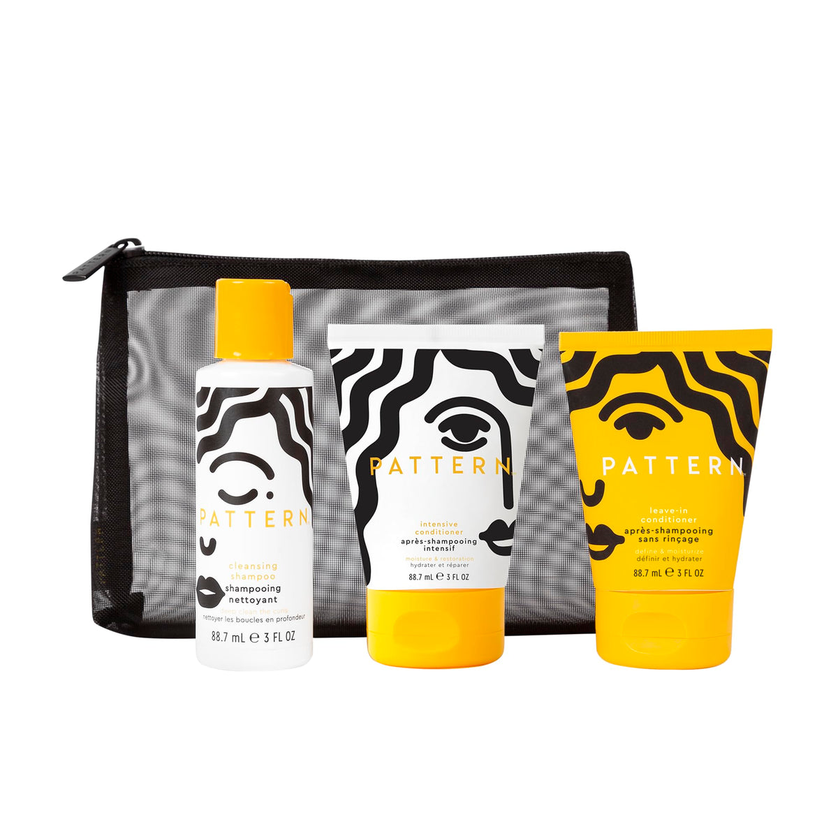 PATTERN travel kit front view showing three tubes and bag benefits packing