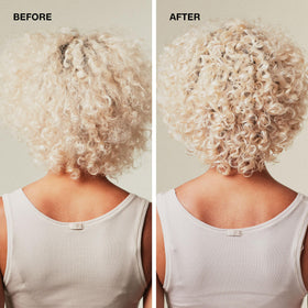 Before and after hair photo showing Paul Mitchell toning brass to bright blonde