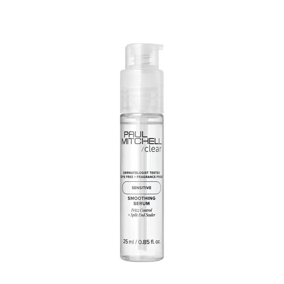 Paul Mitchell bottle front view showing clear smoothing serum and travel size benefit