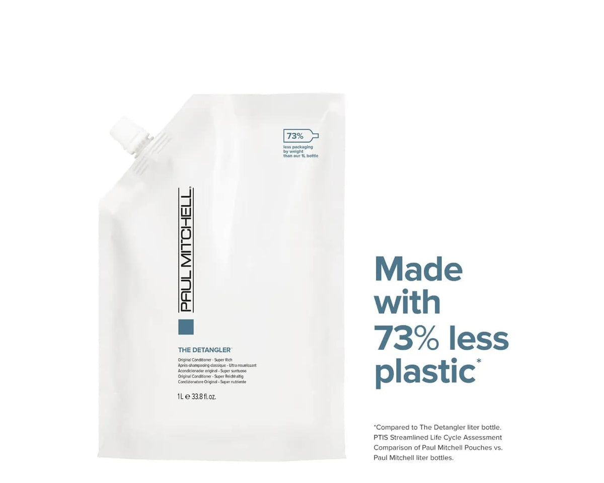 Paul Mitchell Detangler creamy texture being poured, shows rich slip for easy detangling
