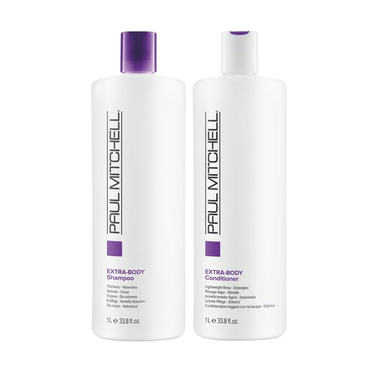 Paul Mitchell front packaging showing liter shampoo and conditioner for salon volume