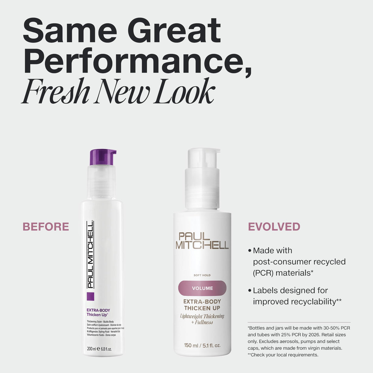 Paul Mitchell side label detail highlighting product claims and recyclable packaging information