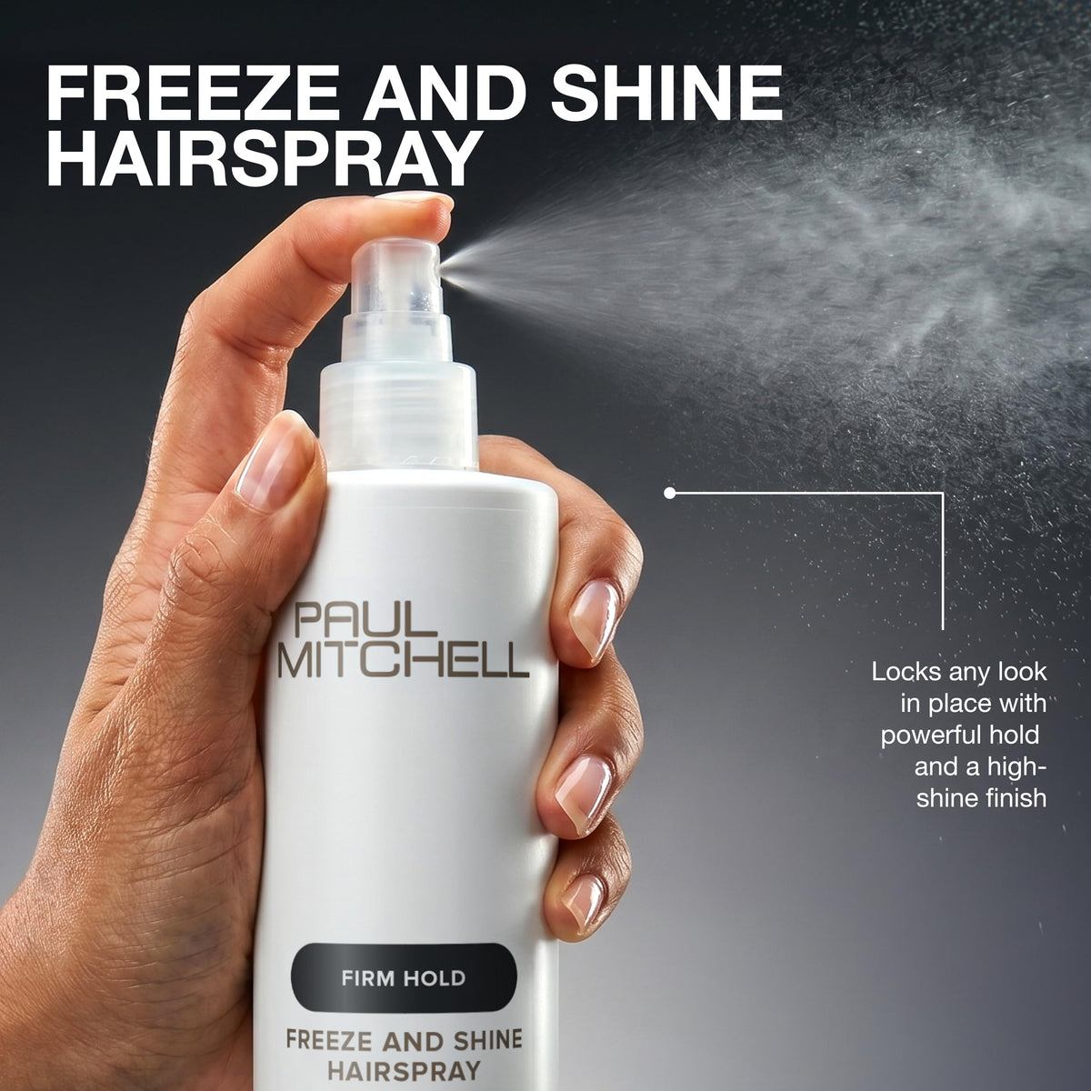 Paul Mitchell hairspray beside a hand showing 16.9 fl oz scale and usable size