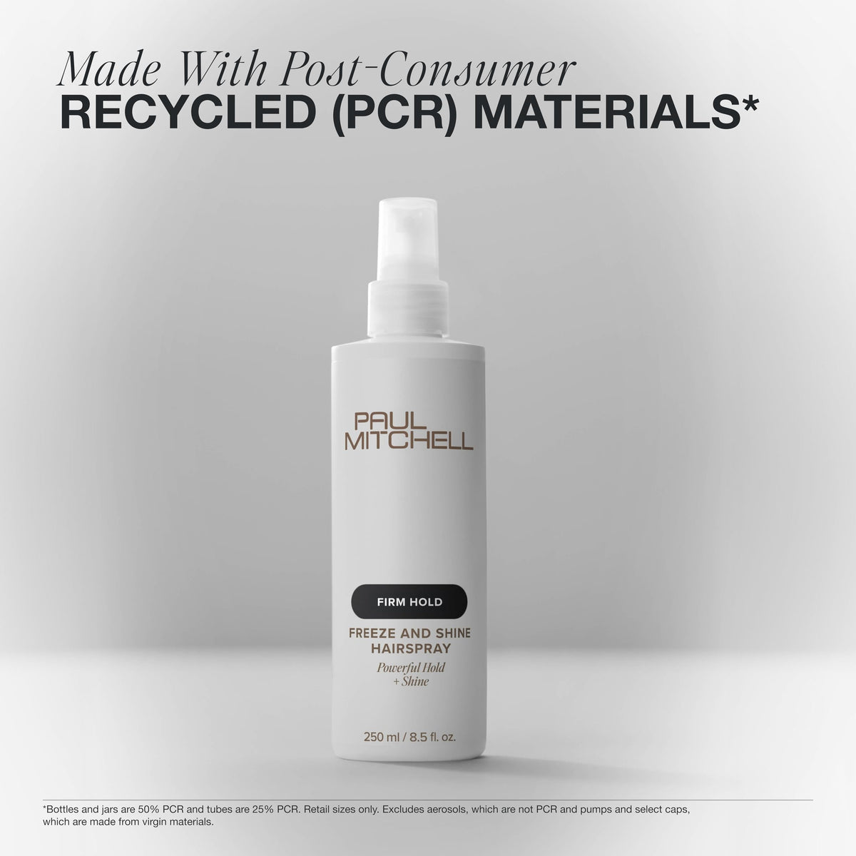 Paul Mitchell bottle with recycled-materials badge illustrating eco-focused packaging