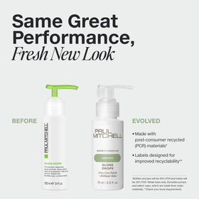 Paul Mitchell gloss drops dispensing a small drop highlighting concentrated formula and precise application benefit
