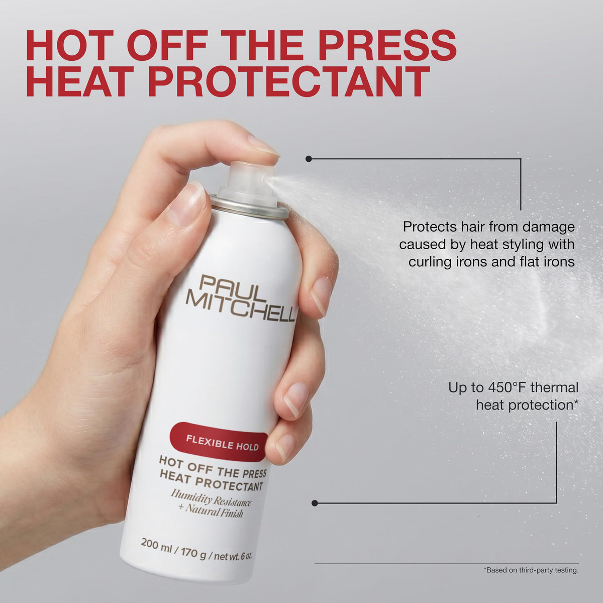 Paul Mitchell bottle held in hand illustrating size and portability for on-the-go styling