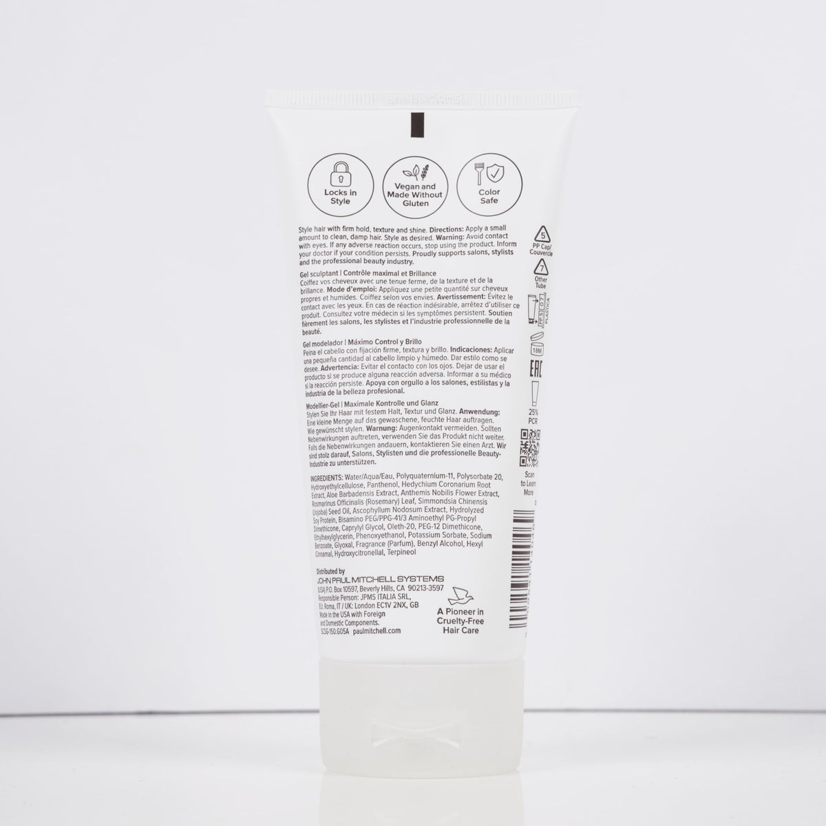 Paul Mitchell packaging badge emphasizing recycled materials and improved recyclability benefits