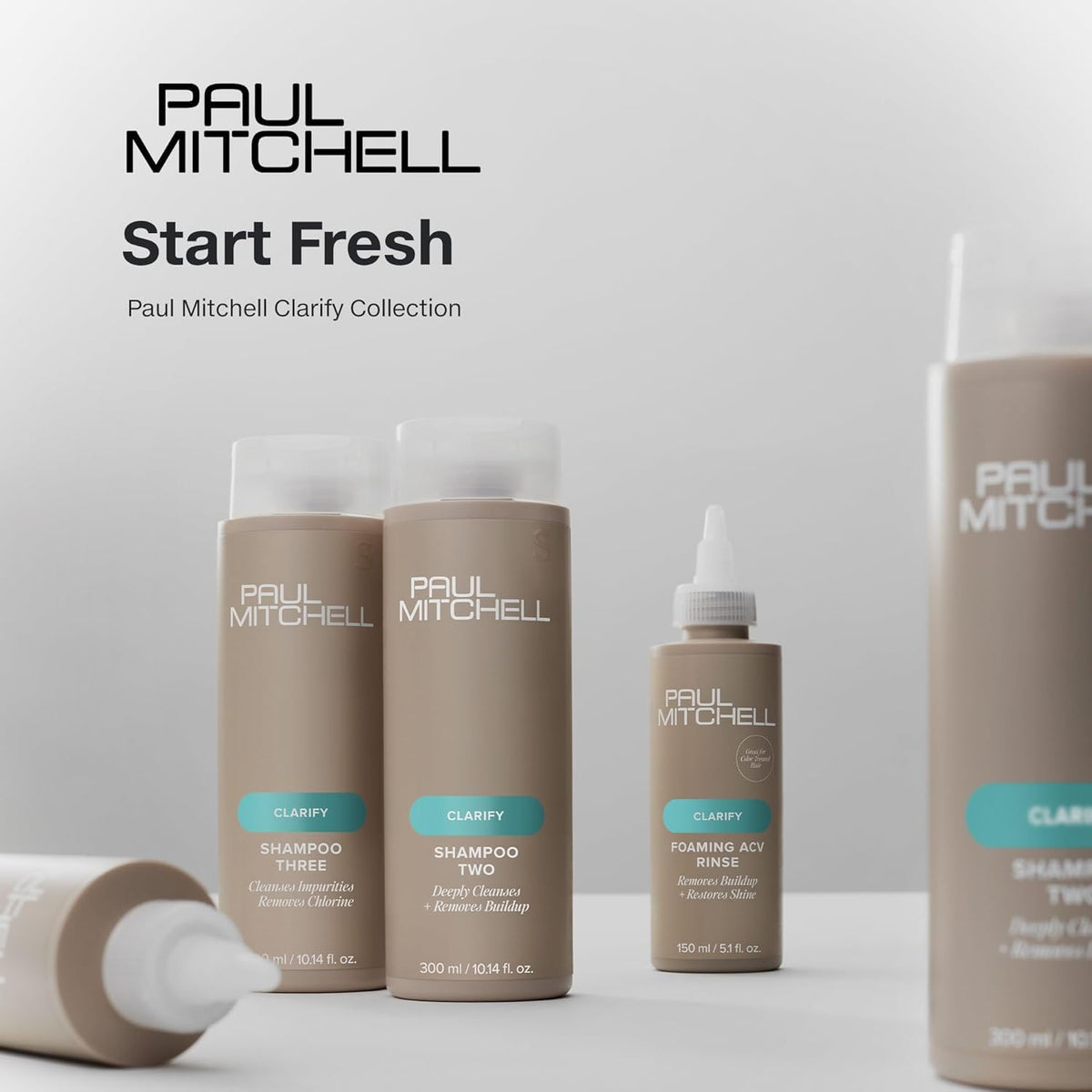 Paul Mitchell Shampoo Three beside a ruler for size and volume clarity