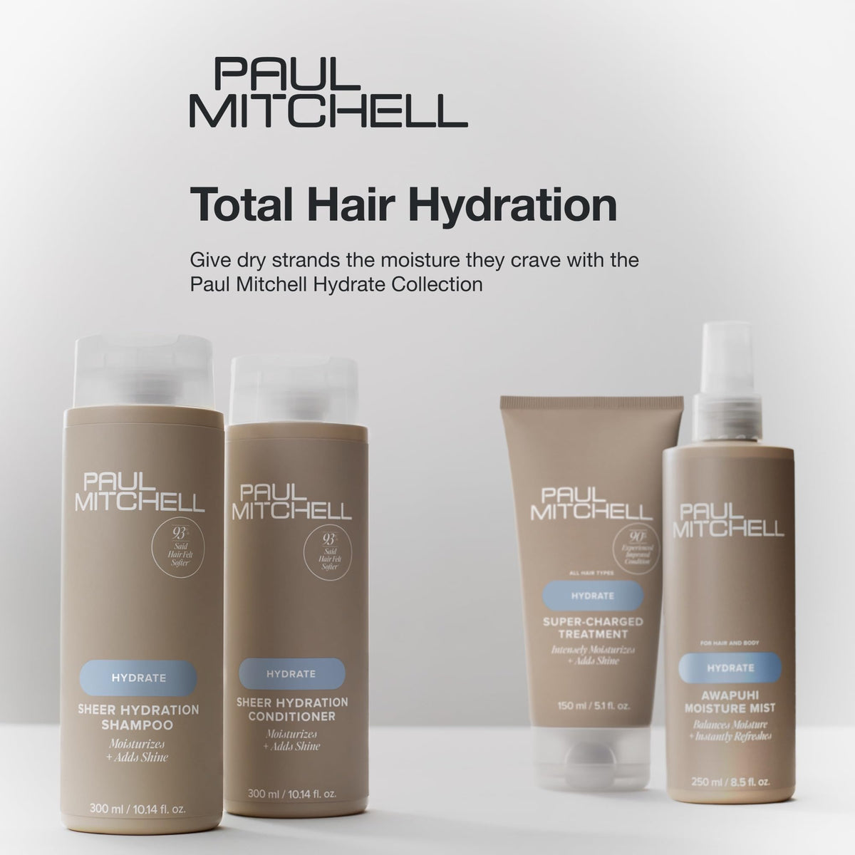 Paul Mitchell Sheer Hydration bottle staged in a bathroom with towels to evoke a fresh routine