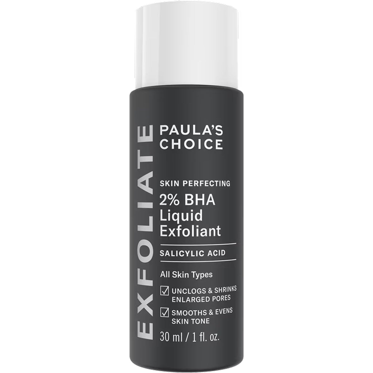 Paula's Choice front packaging showing compact travel bottle and clear labeling benefits