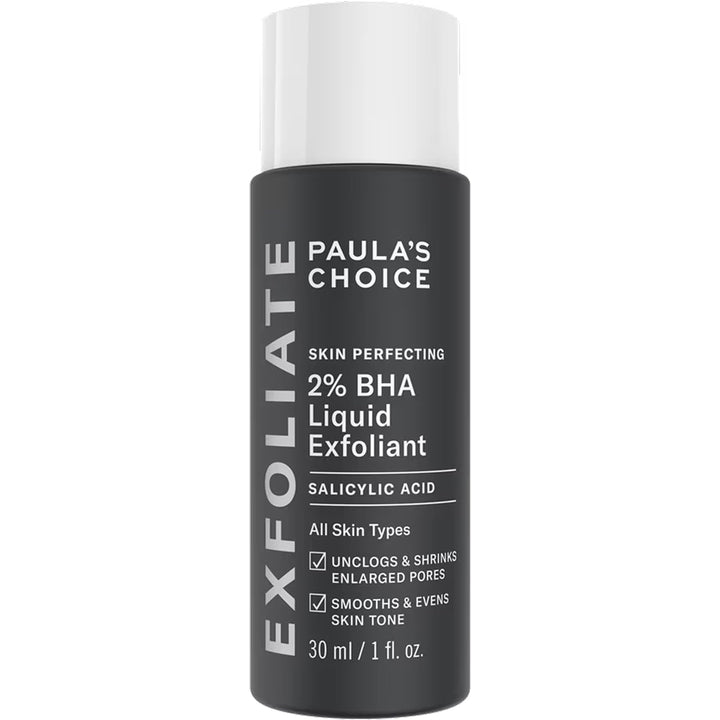 Paula's Choice front packaging showing compact travel bottle and clear labeling benefits