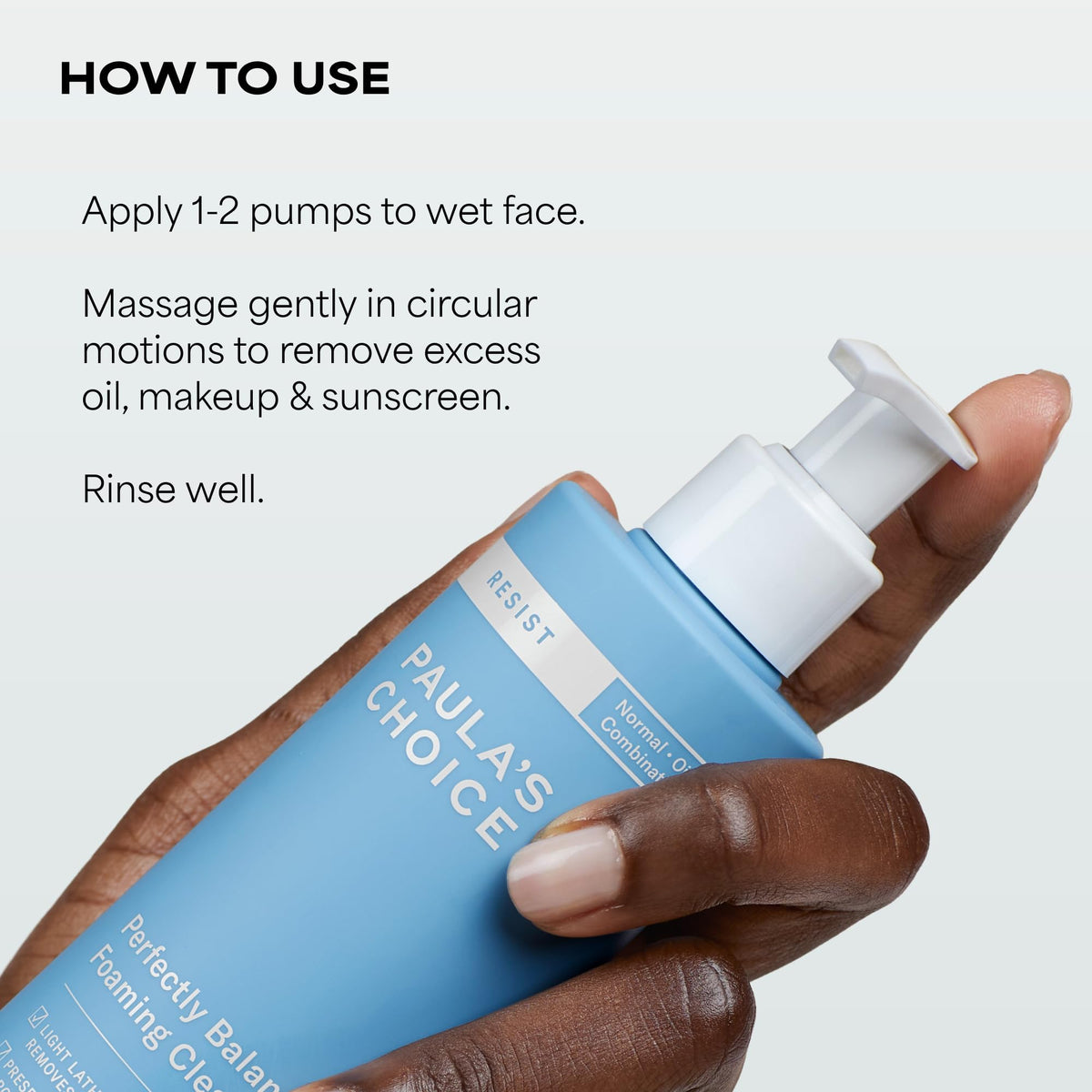 Paula's Choice cleanser in hand demonstrating lightweight foaming action
