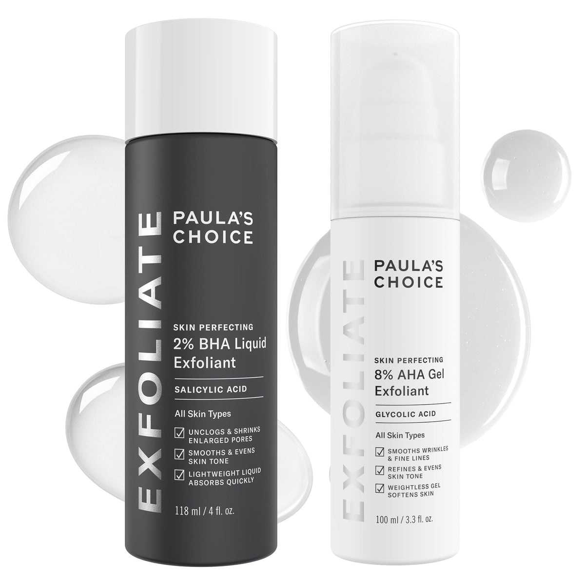 Paula's Choice duo front packaging showing both AHA and BHA bottles and benefits