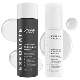Paula's Choice duo front packaging showing both AHA and BHA bottles and benefits