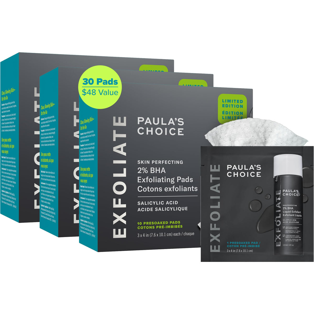 Paula's Choice front packaging showing three travel-ready boxes and benefits