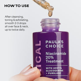 Paula's Choice label close-up highlighting 20% niacinamide concentration