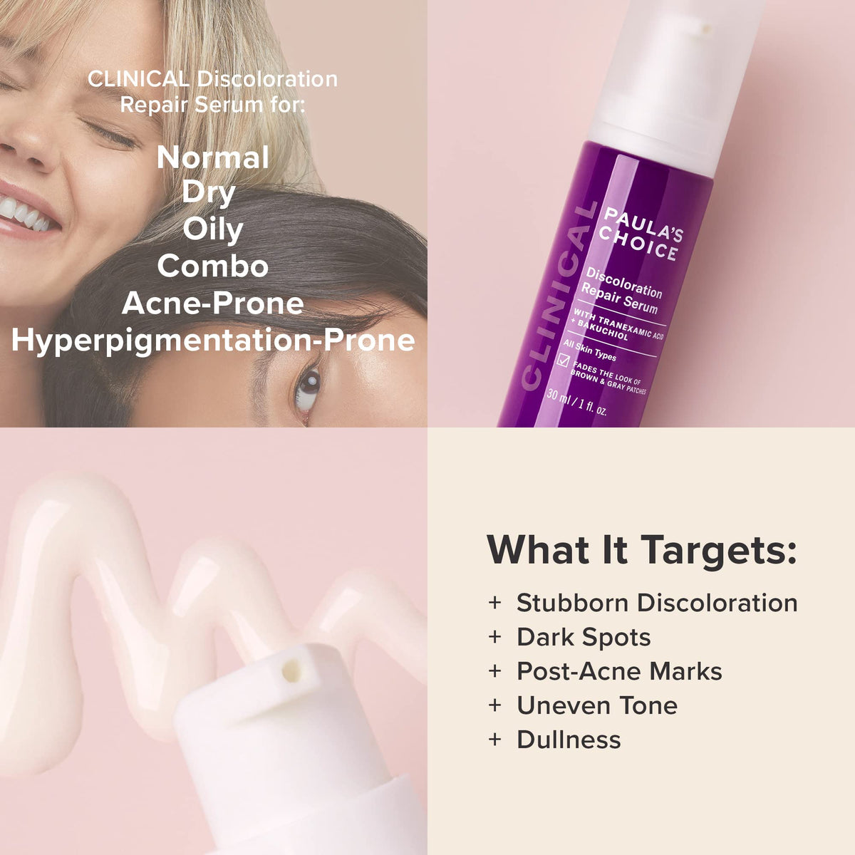 Paula's Choice label close-up highlighting tranexamic acid and niacinamide benefits